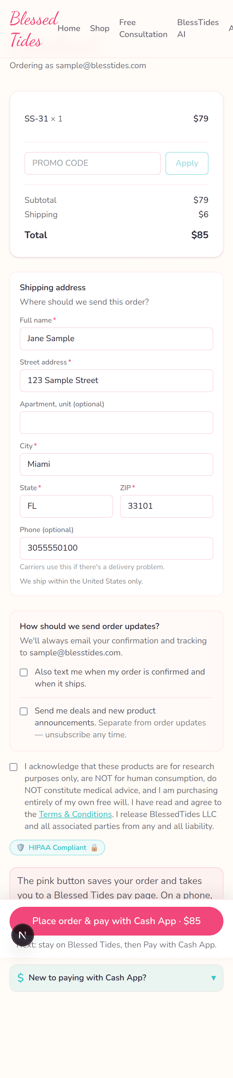 Blessed Tides checkout page with the pink Place order and pay with Cash App button.