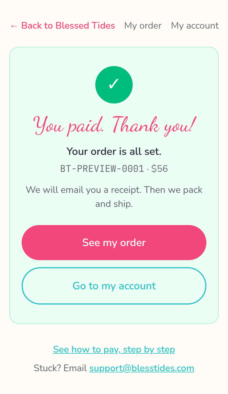 Blessed Tides pay page after payment, saying You paid. Thank you.