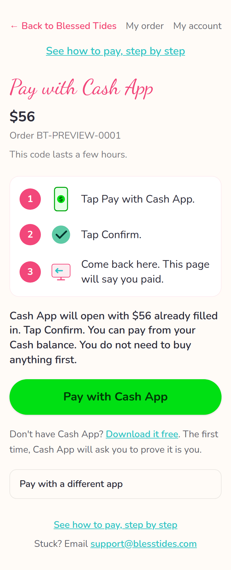 Blessed Tides pay page on a phone with numbered steps and a green Pay with Cash App button.