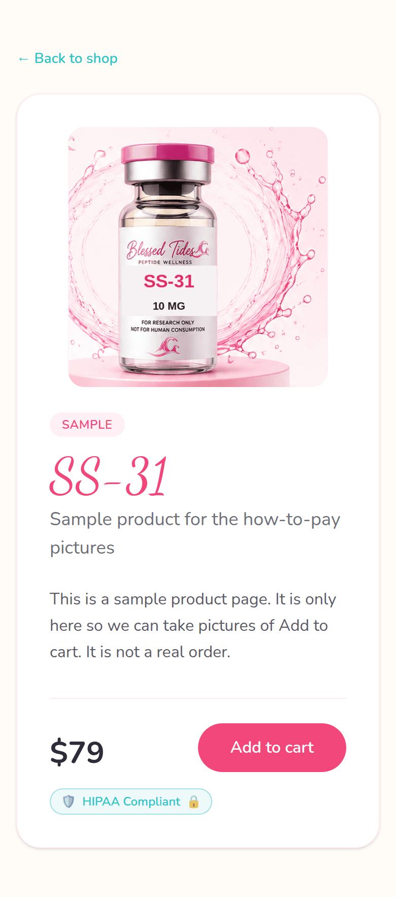 Blessed Tides product page with a pink Add to cart button.